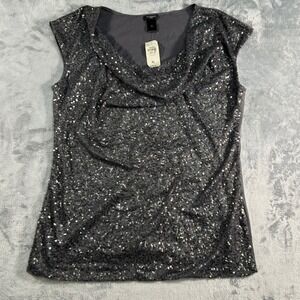Ann Taylor Women Dark Gray Sequined Cowl Neck Sleeveless Top XL